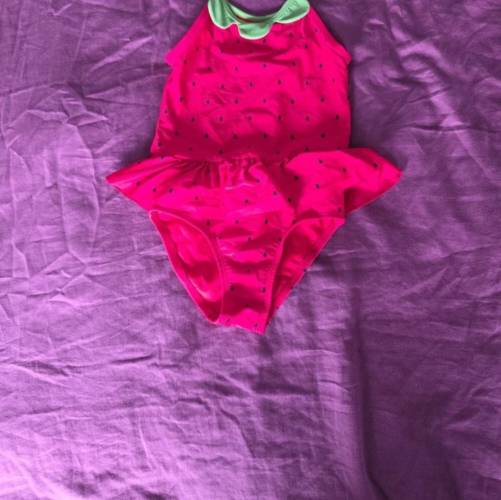 Gymboree Bright Red Strawberry One-Piece Swimsuit with Green Ruffle and Skirt